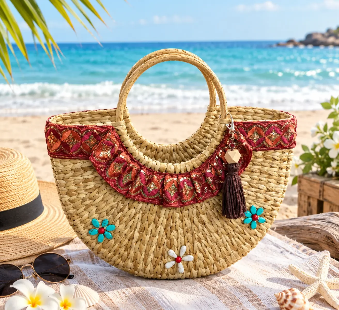 Handwoven Water Hyacinth Maroon Embroidered Tote Bag