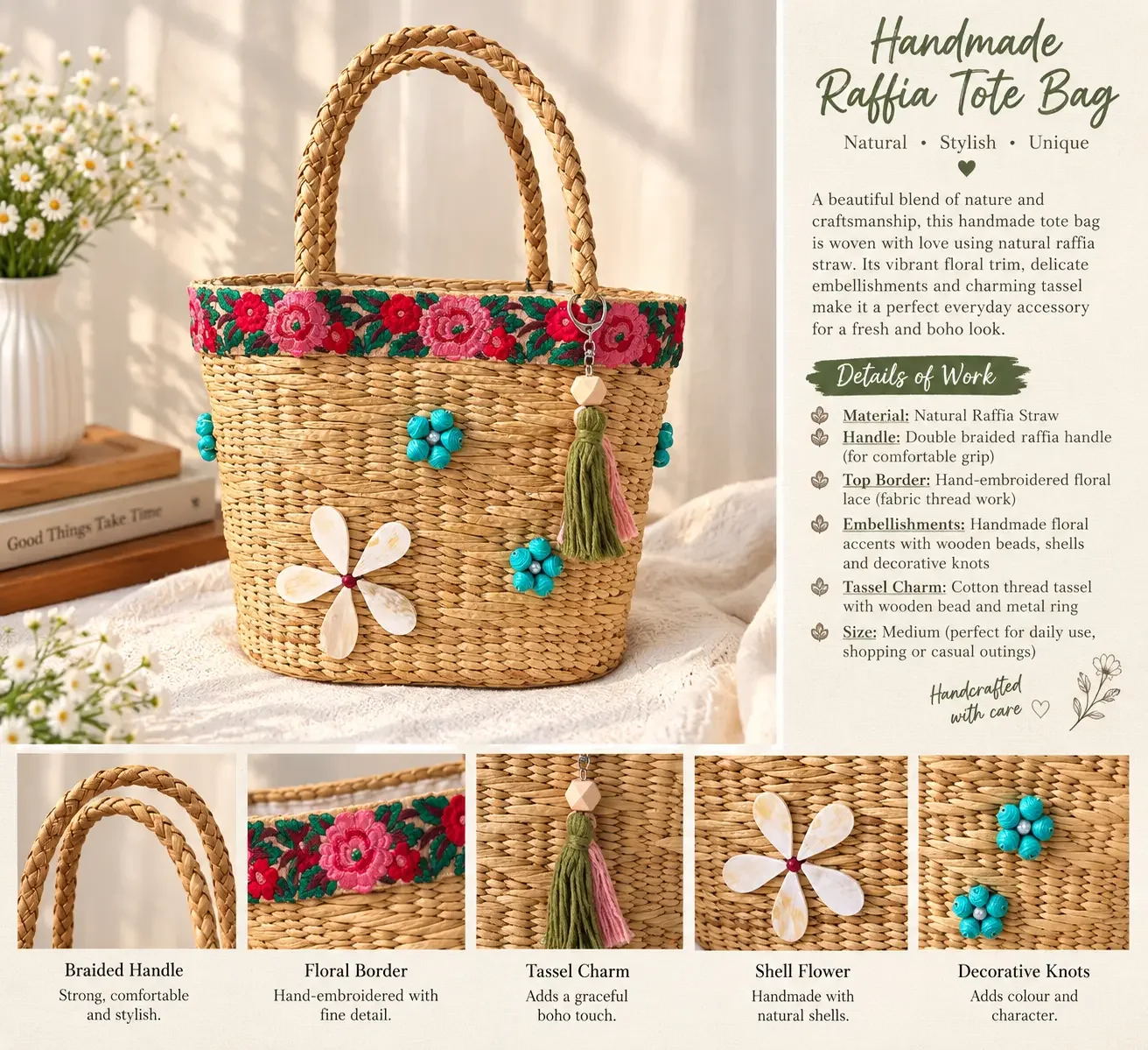 Handwoven Water Hyacinth Floral Tote Bag
