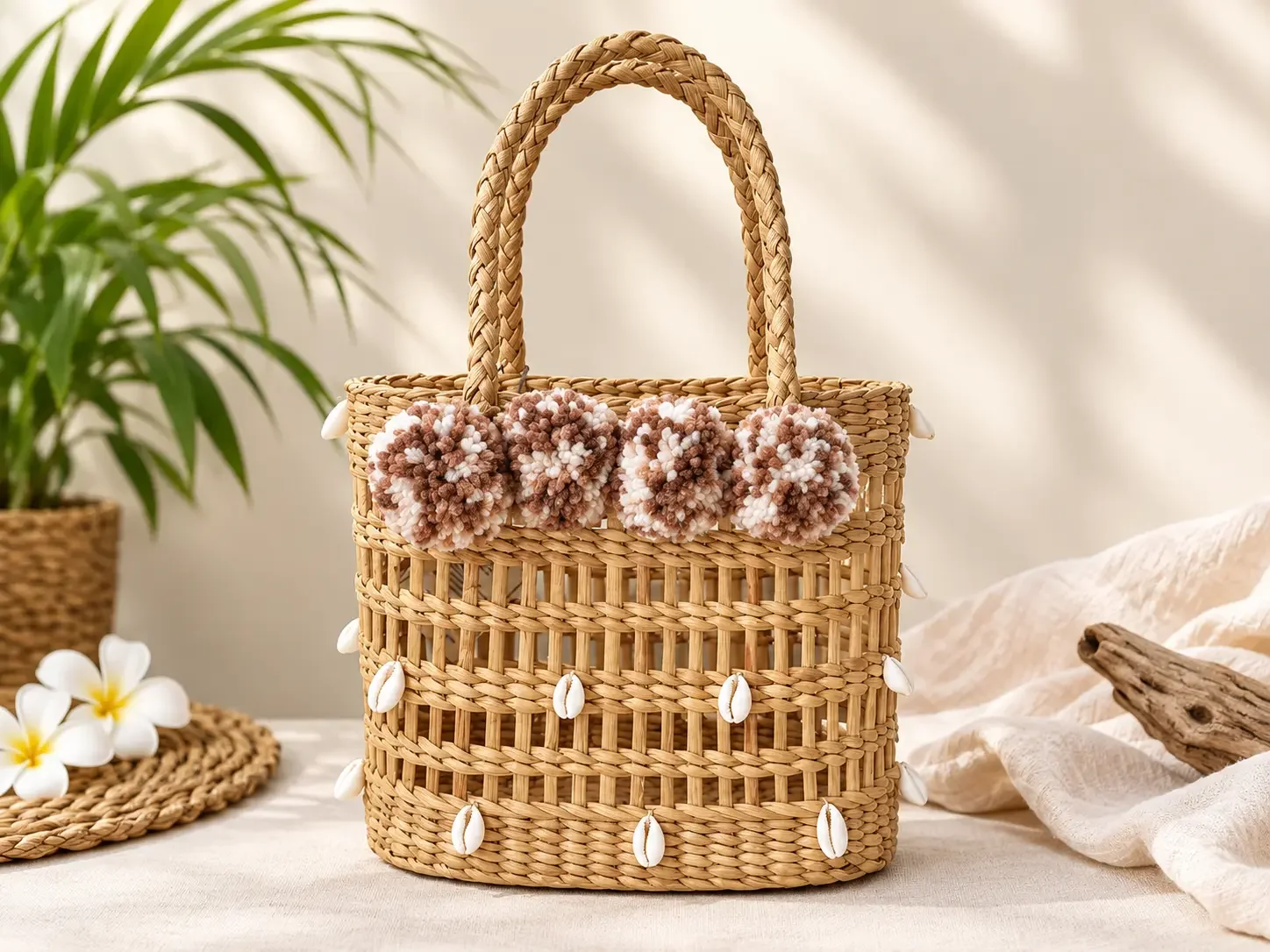 Handmade Crochet Flower & Shell Basket Bag