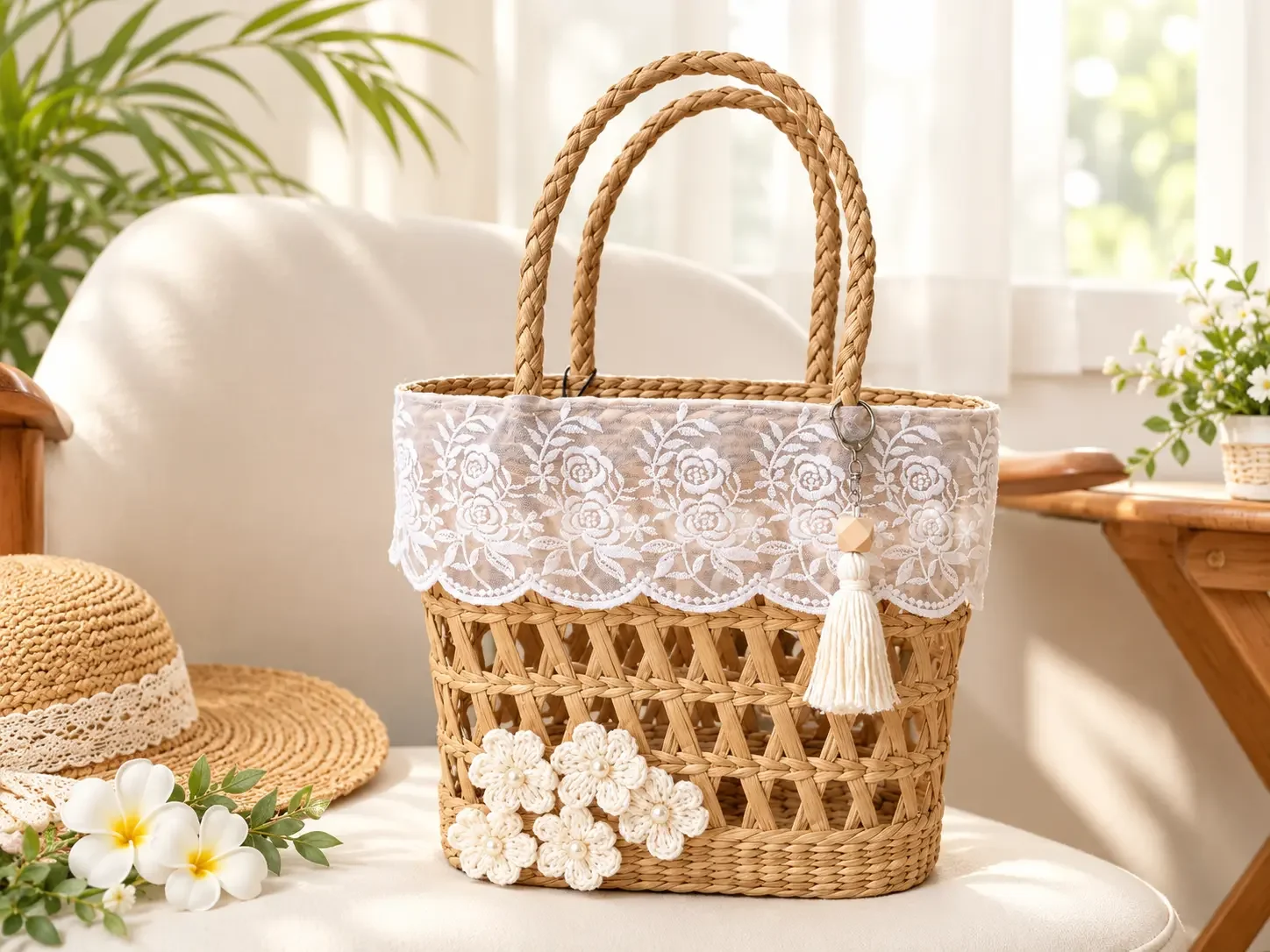 Handmade Lace & Crochet Flower Basket Bag