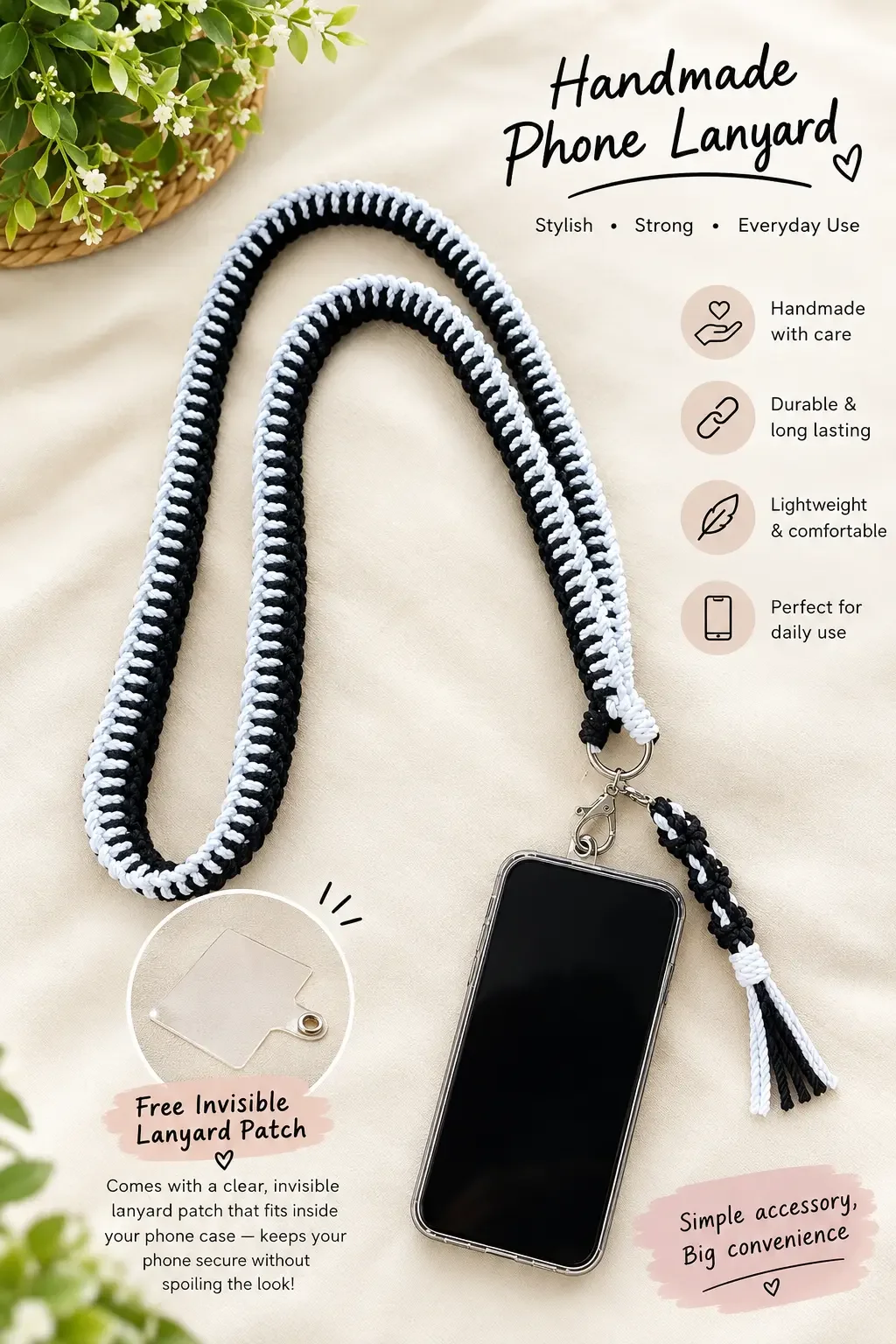 Handmade Black & White Phone Lanyard