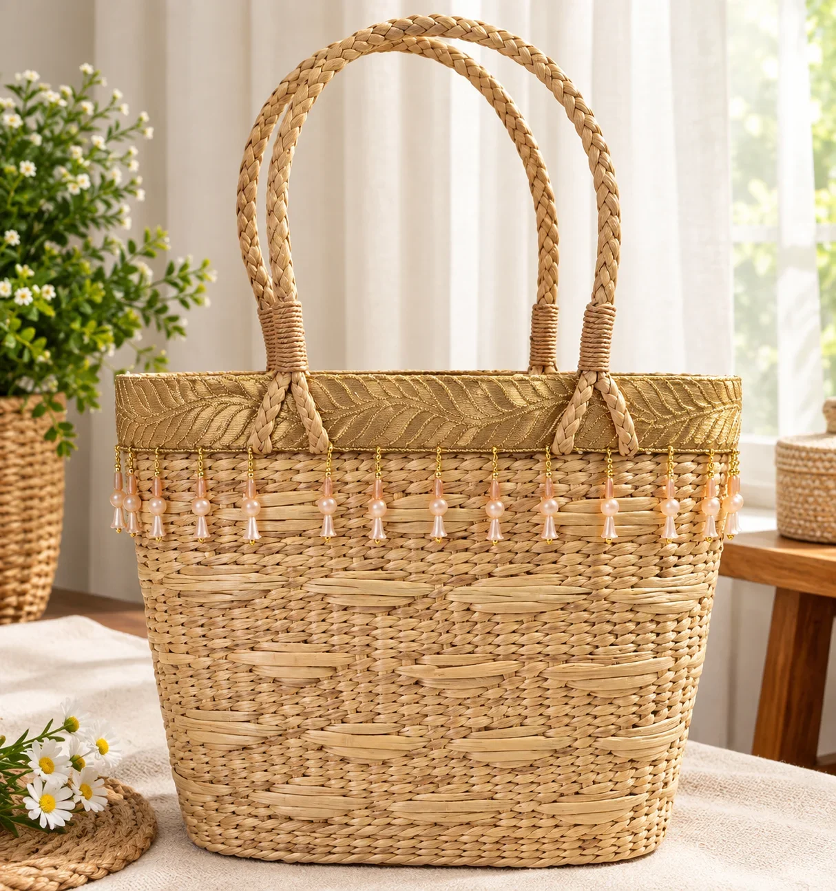 Handmade Woven Straw Tote Bag with Pearl Bead Detailing