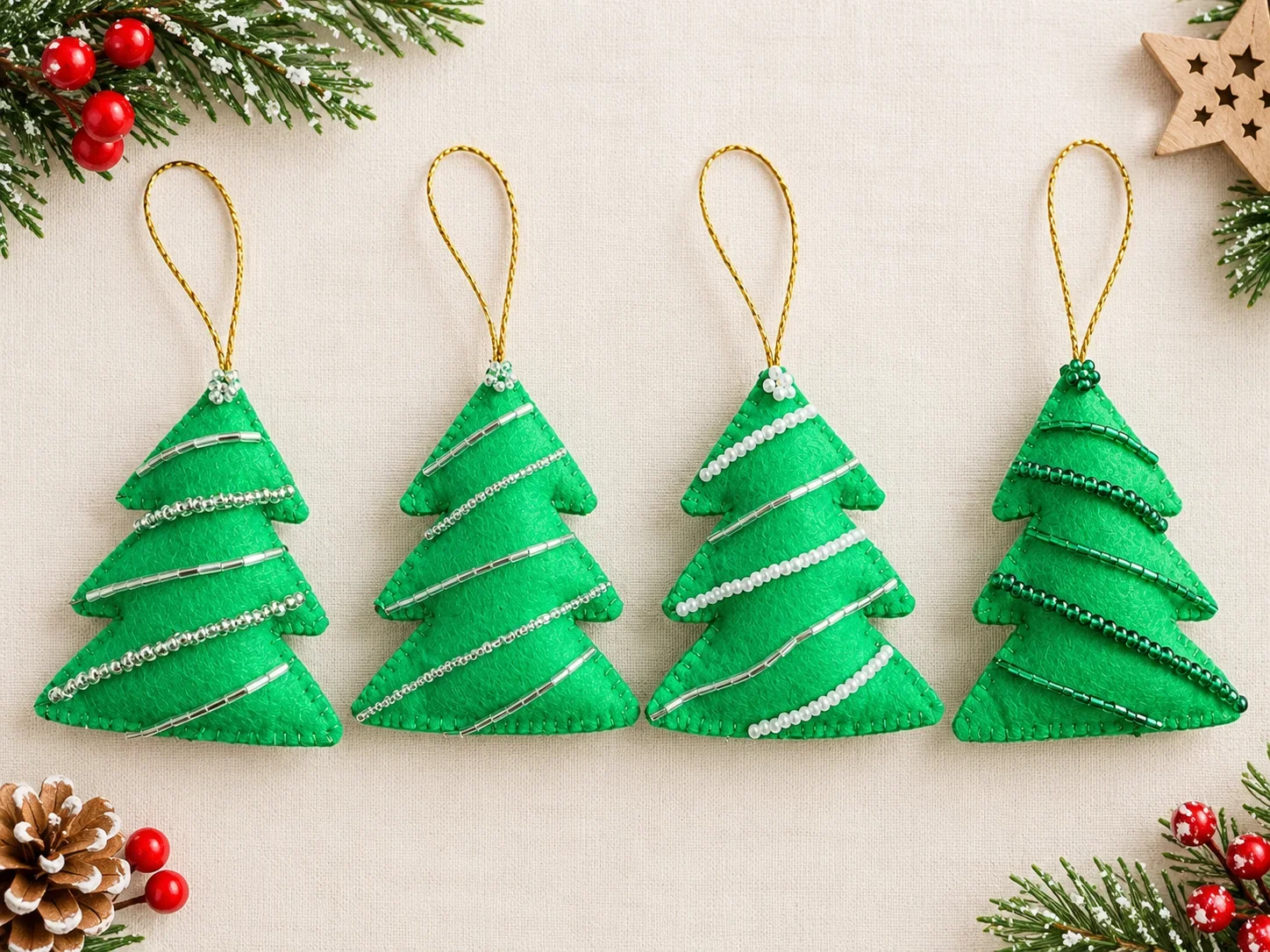 Handmade Felt Christmas Tree Ornaments – Set of 4