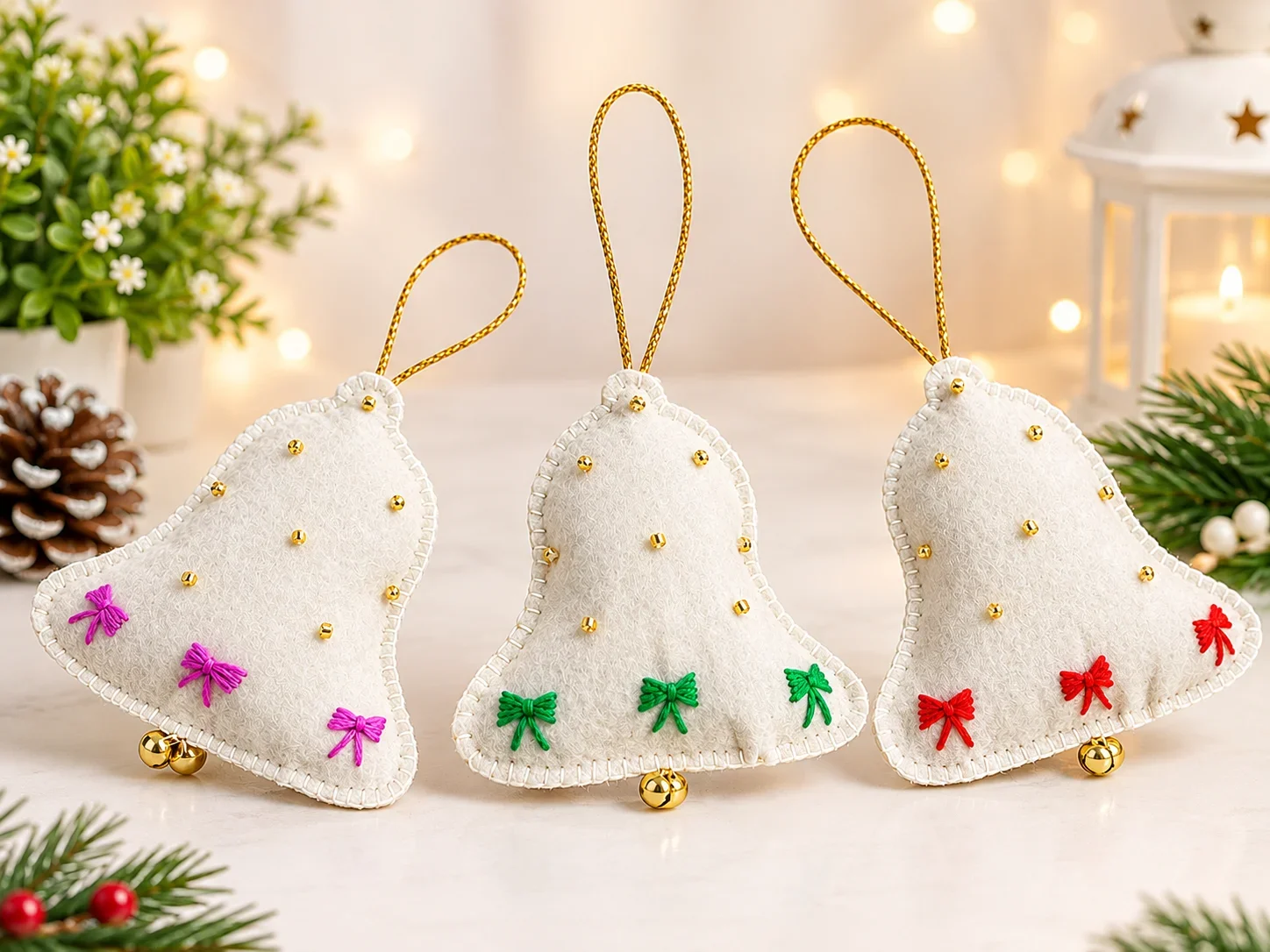 Handmade Felt Christmas Bell Ornaments – Set of 3