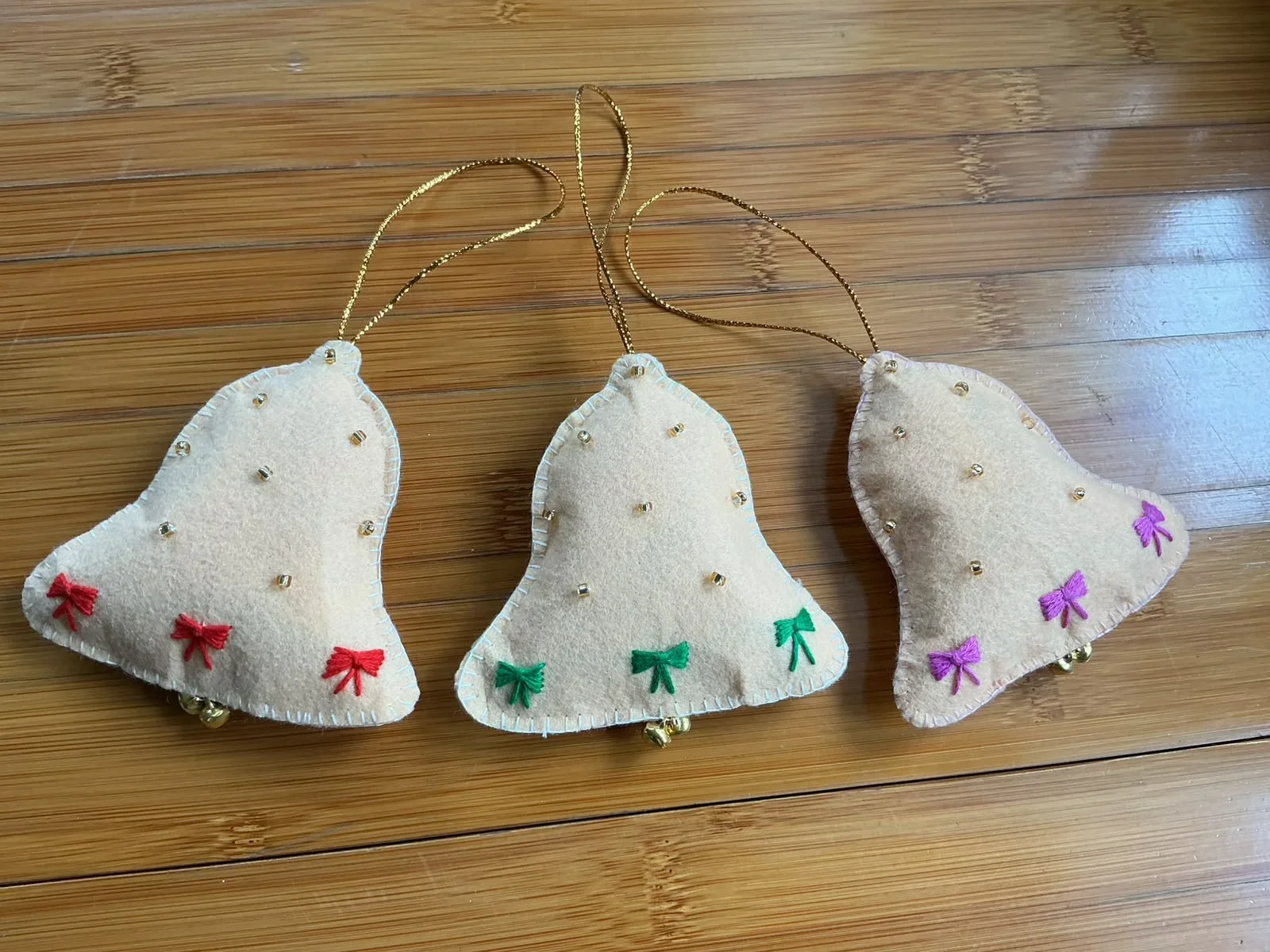Handmade Felt Christmas Bell Ornaments – Set of 3