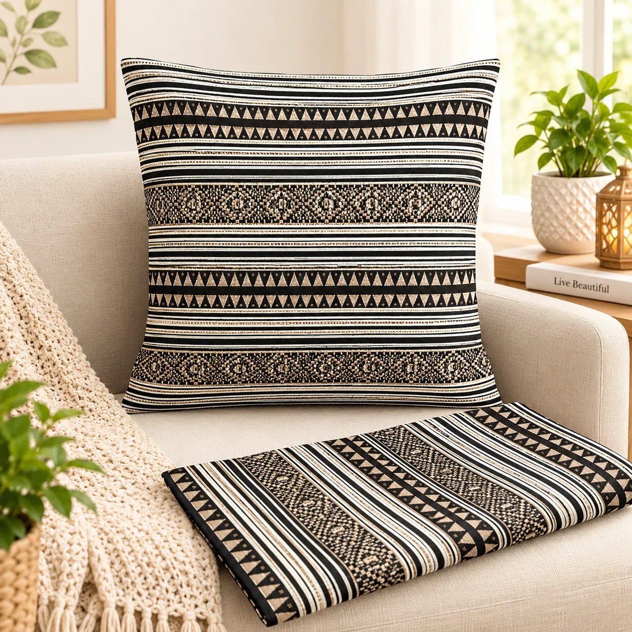 Patchwork Tribal Print Cushion Cover – Beige & Gold