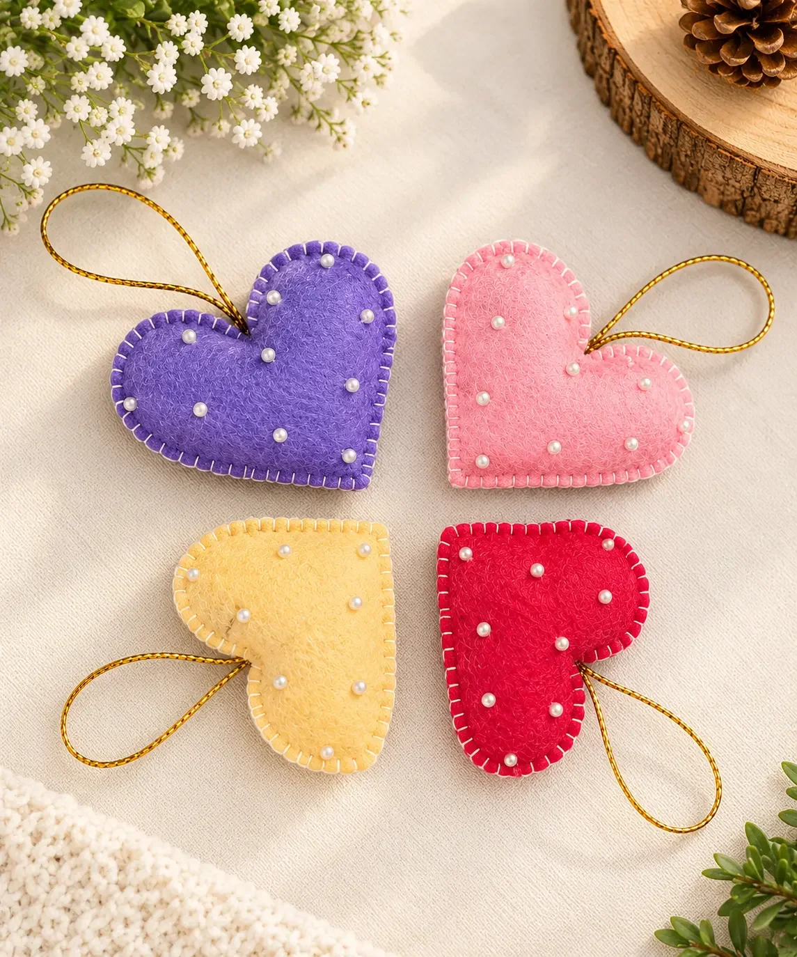 Handmade Pink Felt Heart Ornament with Pearl Beads