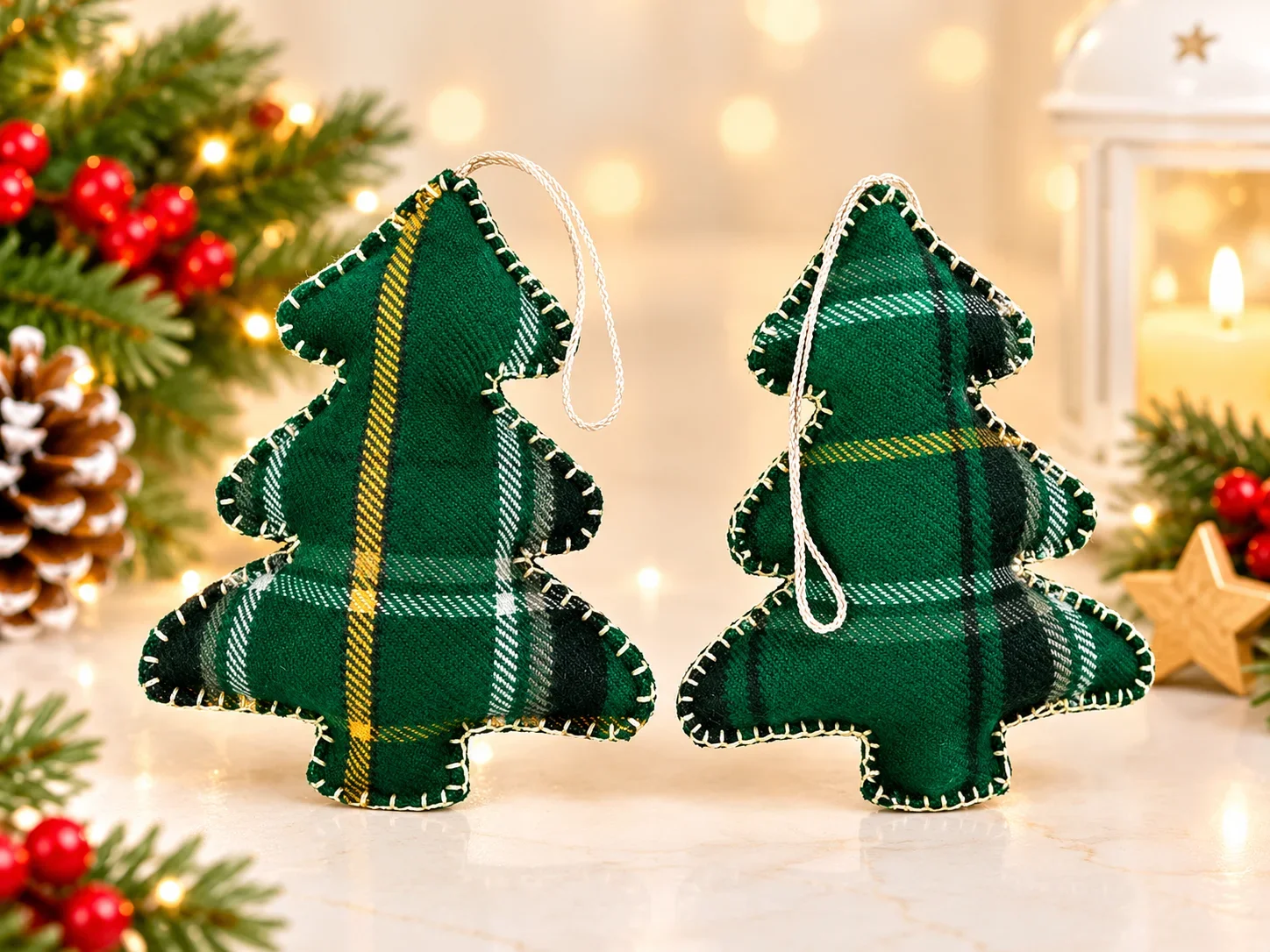 Handmade green tartan Christmas tree ornament